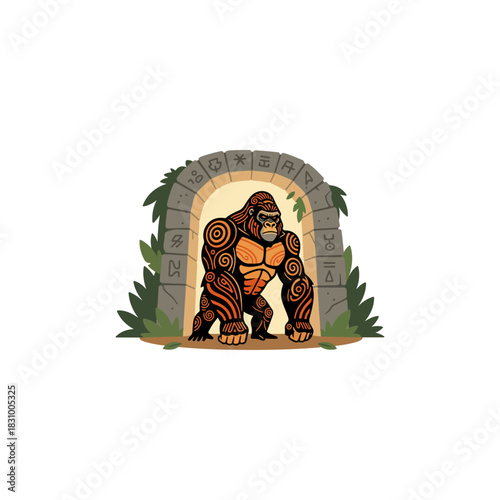 Powerful Gorilla Standing Guard in Ancient Stone Archway.