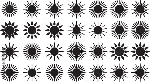 Diverse collection of black sun illustrations with varying ray shapes and detailed design elements for use