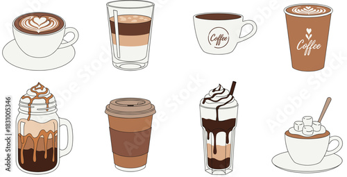 Collection of Modern and Trendy Coffee Drinks Vector Illustration Set, Featuring Hot Latte Art, Iced Coffee, Frappuccino, Cold Brew, and Seasonal Beverage Varieties for Menu and Cafe Design.
