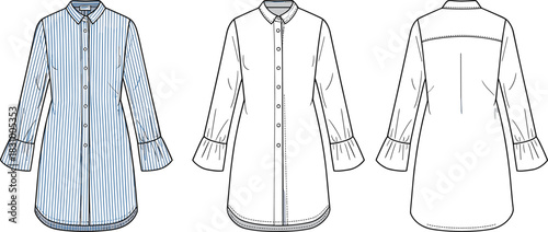 Tunic-style shirt sketch, flared cuff and striped pattern detail, front and back view, colored and technical illustration