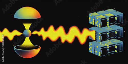 Quantum data wave connecting particle collider to futuristic server grid on black background, neon science technology illustration