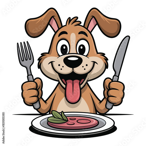 A happy cartoon dog is about to eat food with a knife and fork