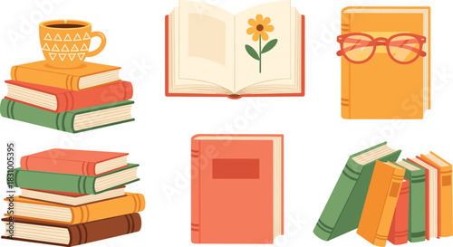 Colorful Vintage Style Book Collection Vector Set for and Reading Concept, Featuring Stacked Books, Open Book with and Coffee Cup for Cozy Study Vintage Style Book Collection Vector Set 