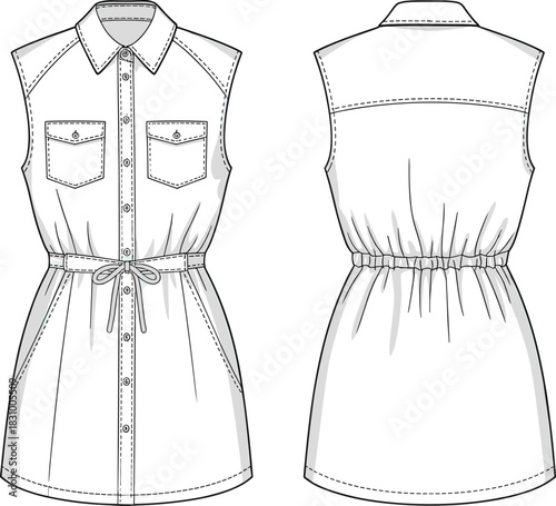 Sleeveless shirt dress fashion sketch, drawstring waist design, front back technical flat, cad drawing flat vector illustration for apparel