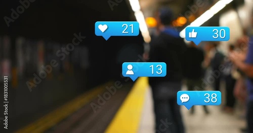 Blue notification appearing, bubbles floating and growing at subway station, showing growth