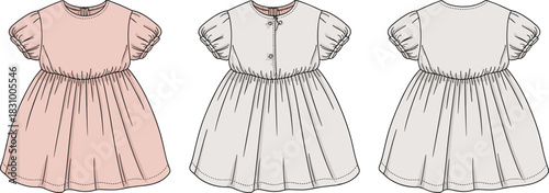 Baby dress fashion sketch, puff sleeve, gathered skirt, button back detail, cad drawing flat vector illustration, front back view