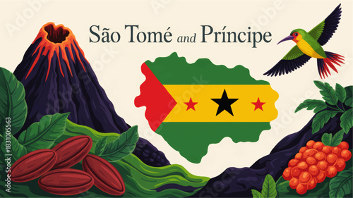 São Tomé and Príncipe travel illustration with national flag, tropical volcano landscape, cocoa beans, exotic bird and rainforest plants