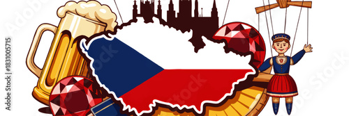 Czech Republic culture illustration with map flag, Prague skyline, beer mug, marionette puppet and garnet gemstones on transparent background