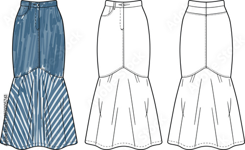 Mermaid skirt fashion sketch, denim style, seam and panel detail, cad drawing flat vector illustration, front back view