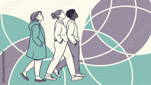 Diverse group walking towards bright future with hope and optimism, teamwork and forward thinking, perfect for motivational business presentations and leadership concepts