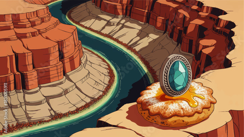 Surreal desert canyon river landscape with turquoise gemstone ring and melting pastry, fantasy Southwestern illustration