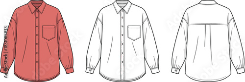 Long sleeve button-up shirt fashion sketch, front and back garment template, clothing flat drawing, cad drawing flat vector illustration