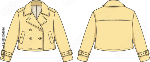 Cropped trench coat sketch, double-breasted front and adjustable cuff detail, front and back view, vector illustration