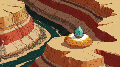 Fantasy canyon landscape with turquoise crystal artifact on sandstone cliff above winding river, colorful desert illustration