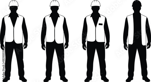 Construction worker silhouettes, safety vest, hard hat, black illustration, standing pose, jobsite icon, industrial gear, workforce visual, uniformed team