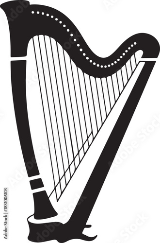 Black vector graphic silhouette of a traditional stringed harp musical instrument with classic design