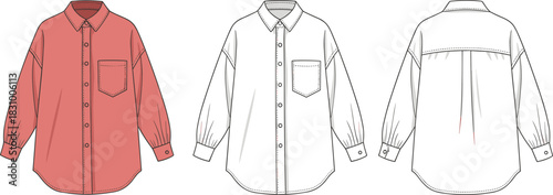 Long-sleeved button-up shirt sketch, chest pocket and pleated back detail, front and back view, cad drawing flat vector illustration