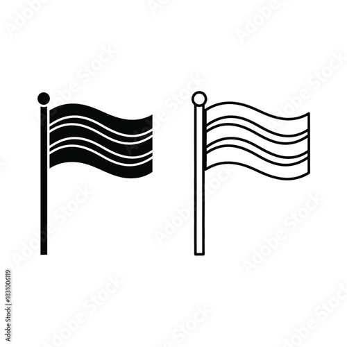 Vector icons: waving flag on pole in solid black and outline style, isolated on white