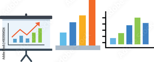 Three flat design bar charts and a projection screen with graph data statistics