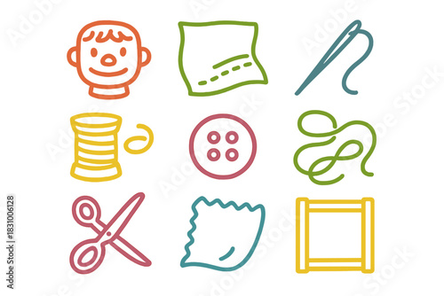 Colorful sewing and crafting icons featuring different tools and materials for creative projects