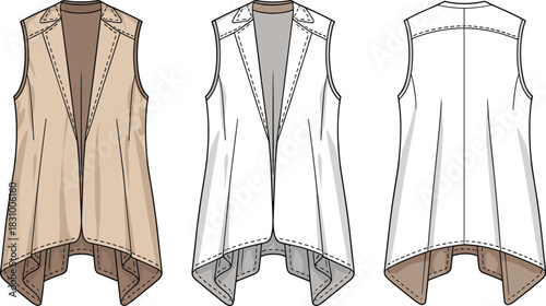 Sleeveless pointed hemline vest sketch, front and back fashion view, open-front detail, cad drawing flat vector illustration