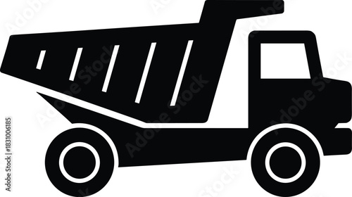 Dump truck silhouette, construction vehicle, heavy machinery, industrial transport, black illustration, vertical slats, side view, cargo bed, equipment