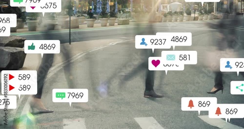 Group crossing crosswalk social bubbles appearing, multiplying, overlaying feet, showing overload