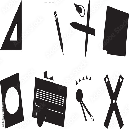 Illustration of collection of black and white graphic icons representing various drafting, drawing, and measuring tools