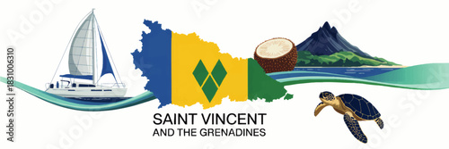 Saint Vincent and the Grenadines travel illustration with sailing yacht, tropical island landscape, sea turtle, breadfruit and national map flag