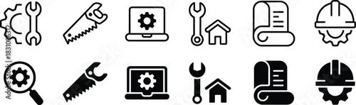 Engineering icons, construction symbols, gear, wrench, blueprint, laptop, hard hat, saw, magnifying glass, black illustration, technical tools