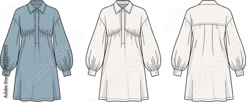 Long-sleeved tunic-style dress sketch, front and back fashion view, gathered sleeve detail, cad drawing flat vector illustration