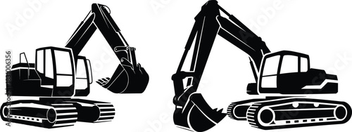 Excavator silhouette icons, construction equipment, heavy machinery, black illustration, hydraulic arm, crawler tracks, side view, industrial gear, digger