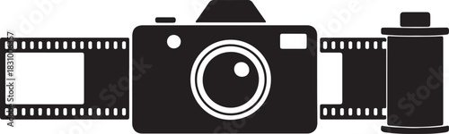 Black and white graphic illustration of a camera with film strips and a film canister, representing photography and cinematography