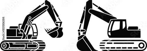 Excavator silhouette icons, construction equipment, heavy machinery, black illustration, hydraulic arm, tracked vehicle, industrial gear, side view, comparison