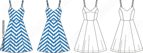 Sleeveless dress illustration, chevron pattern and technical sketch, fashion design, vector template, cad drawing flat vector illustration