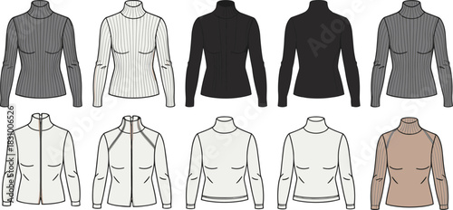 Turtleneck top fashion sketch, long sleeve styles, seam variations, color options, cad drawing flat vector illustration, front view set