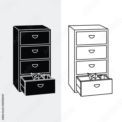 Four-drawer filing cabinet with one drawer open revealing origami figures inside, minimalist illustration, vector