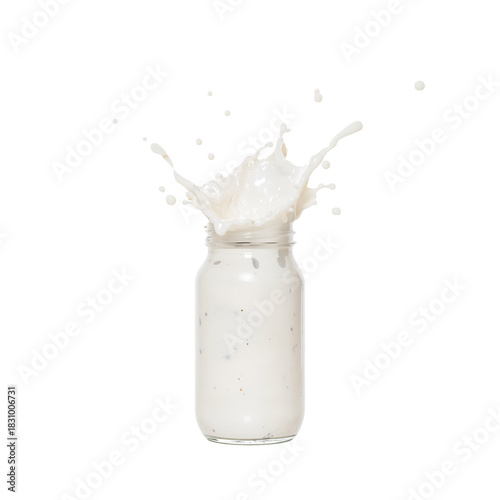 Milk Splashing out of a Jar With White Droplets Against a Plain Background