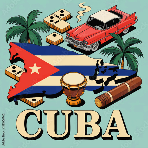 Vintage Cuba travel illustration with classic car, dominoes, cigar, drum and Cuban flag map on retro turquoise background