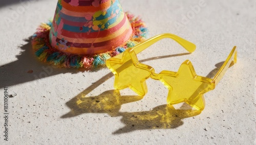 Festive party hat and star-shaped sunglasses on a white surface.