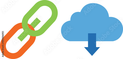 Orange and green chain links next to blue cloud with download arrow connection network
