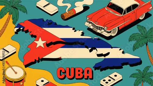Colorful Cuba travel illustration with flag map, classic car, cigar, dominoes, palm trees and tropical vintage poster design
