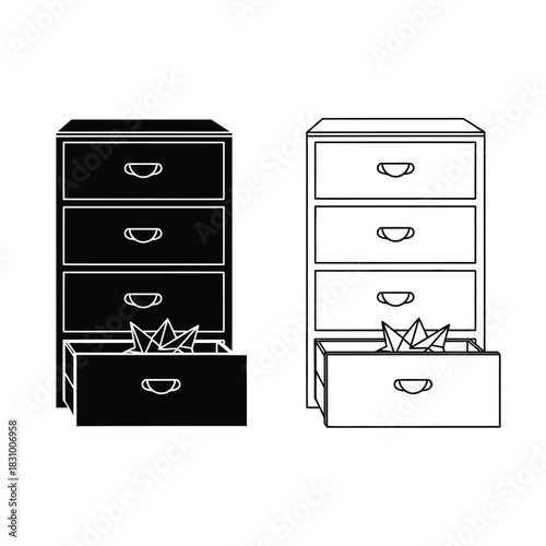 Two stylized chest of drawers, one solid black silhouette and one outlined, with an open drawer containing origami boats.