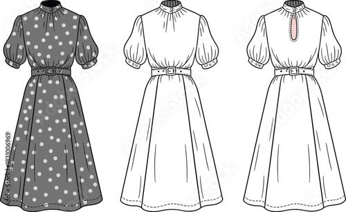 Fashion dress sketch, puff sleeve, belted waist, flared skirt, pleated chest detail, cad drawing flat vector illustration