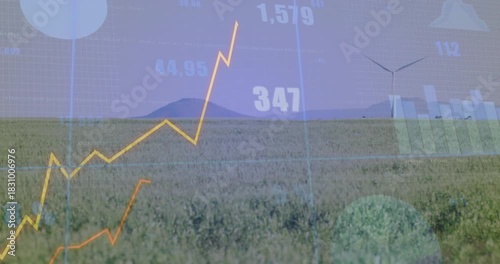 Data overlay appearing, yellow line climbing and spiking, bars rising, showing renewables trends