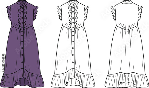 Ruffled high-collar dress sketch, button-down front, asymmetrical hem, fashion flat, front view, cad drawing flat vector illustration Ruffled high-collar dress sketch, button-down 