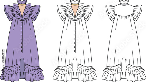 Ruffled collar puff sleeve dress sketch, button front, layered hem, cad drawing flat vector illustration, front view set
