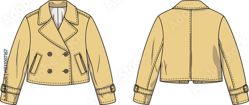 Cropped double-breasted trench coat sketch, front and back fashion view, notched lapel detail, cad drawing flat vector illustration