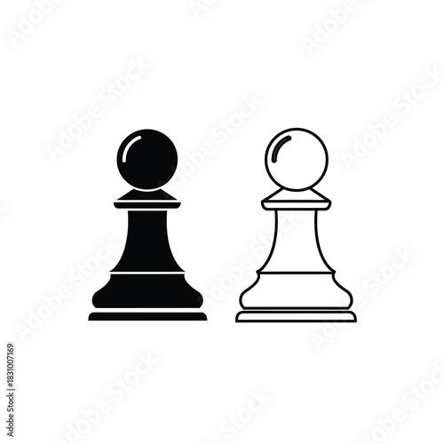 Two chess pawns, one solid black silhouette, the other an outline, isolated on a white background for strategy.