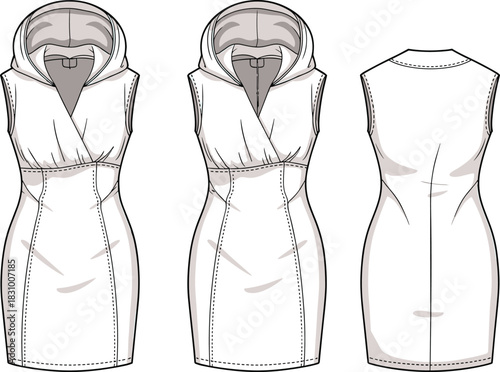 Sleeveless hooded dress sketch, princess seam and gathered bust detail, front and back view, cad drawing flat vector illustration